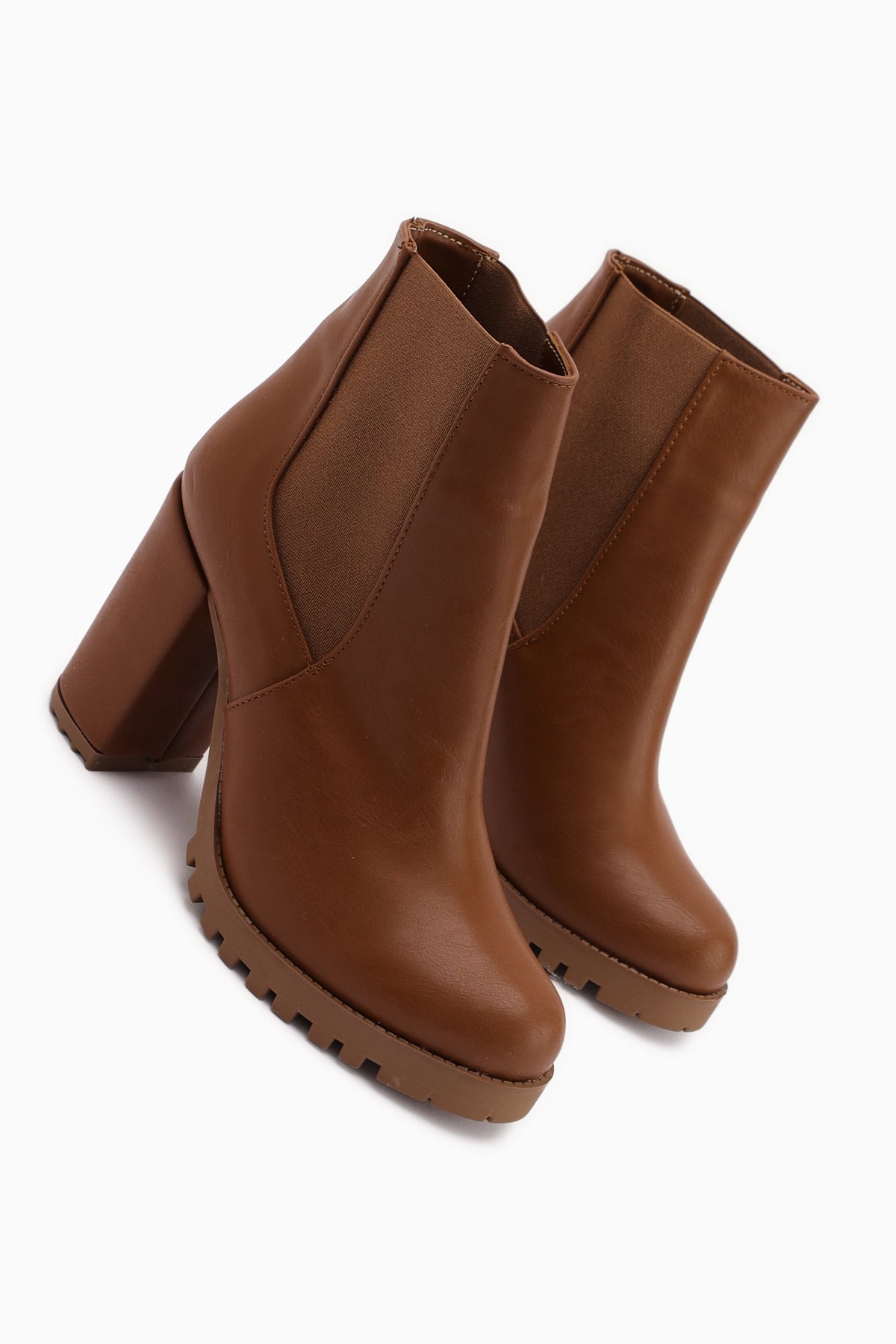Dorsaf Tan Oval Toe Elastic Heeled Boots