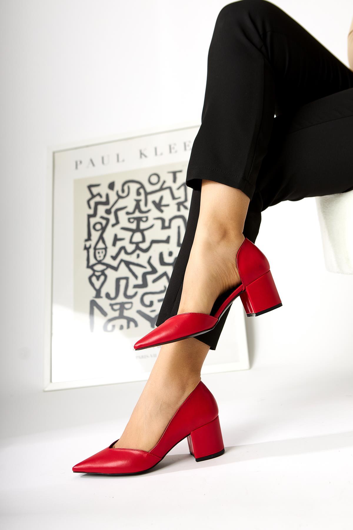 Albena Genuine Leather Red Pointed Toe Detailed Women’s Heeled Shoes