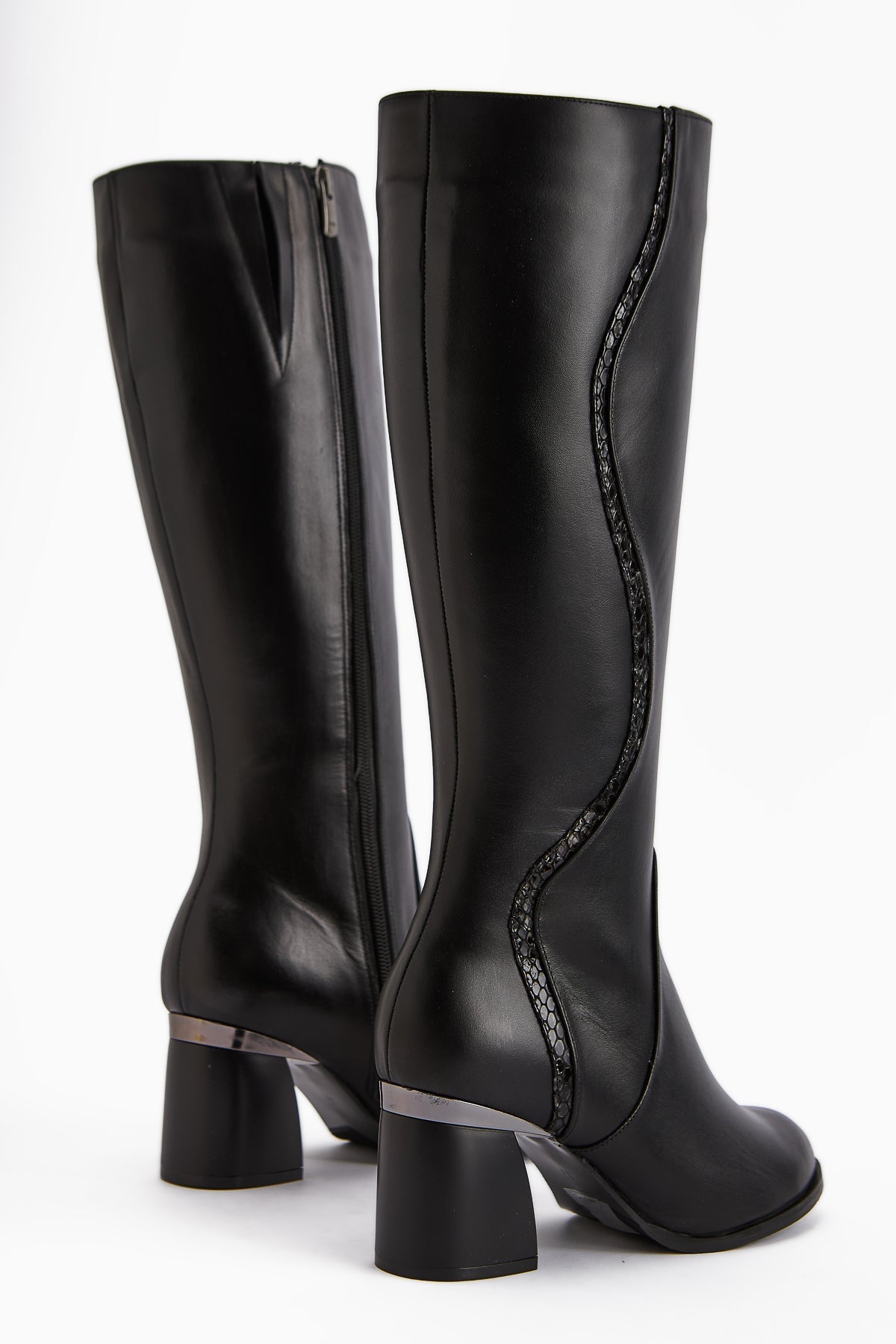 Kaylin – Genuine Leather Black Snake-Pattern Detail Heeled Knee-High Boot (Women)