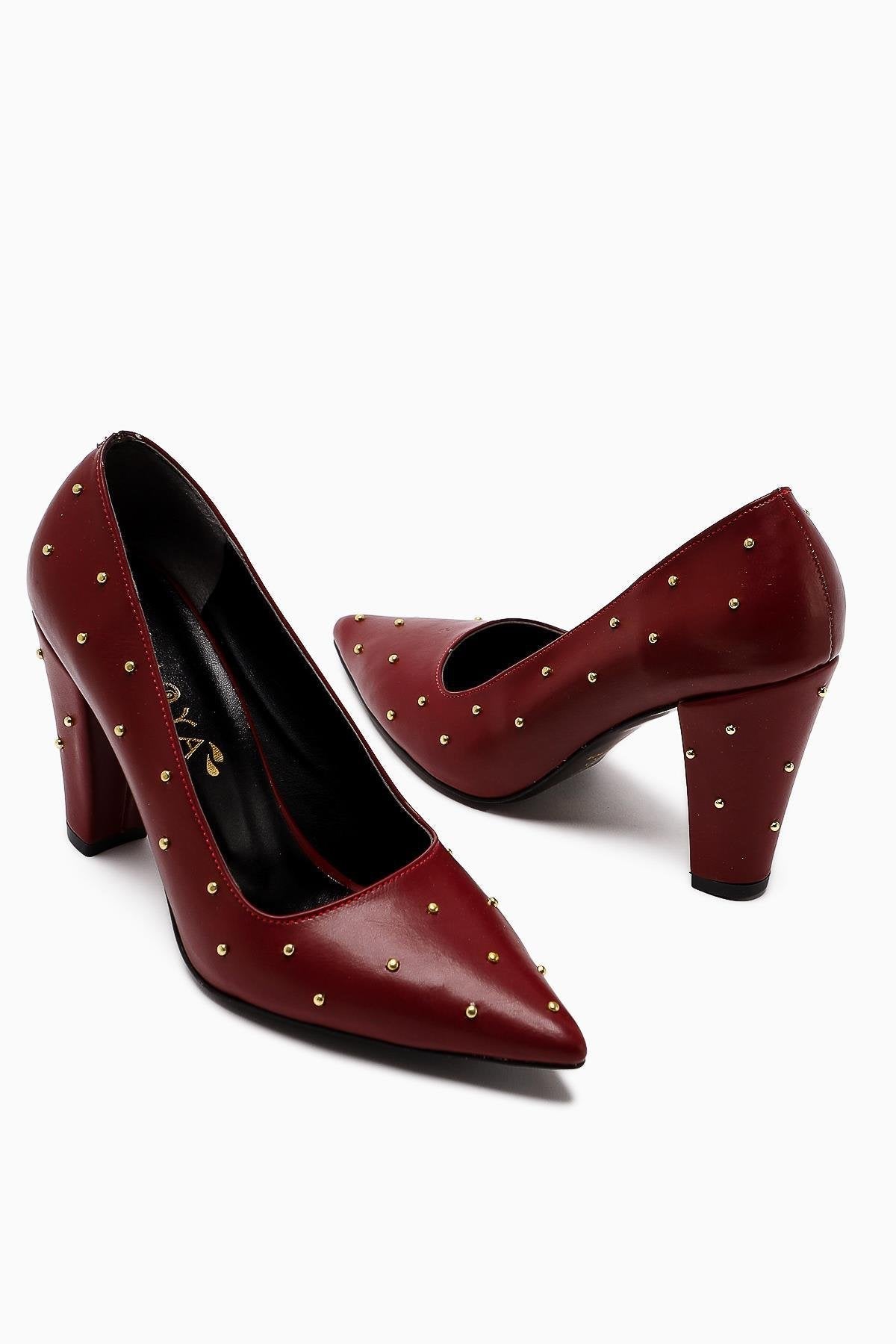 Audrey Burgundy Pointed Toe High Heel Shoes with Stud Detail