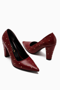 Audrey Burgundy Pointed Toe High Heel Shoes with Stud Detail