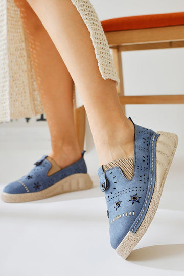 Bethina Blue Suede Studded Laser Cut Flat