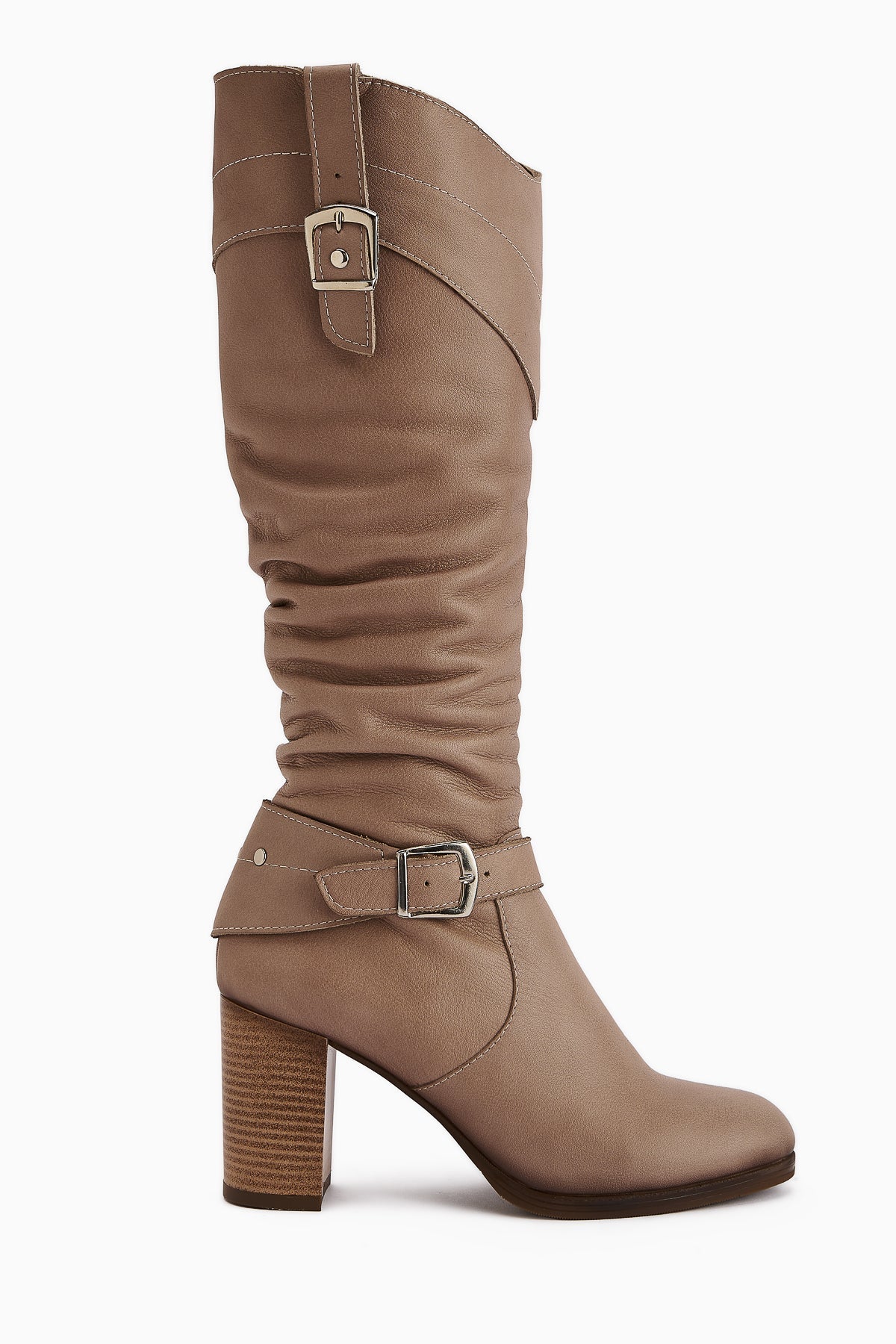 Ting Genuine Leather – Taupe Buckle-Detail Heeled Knee-High Boot (Women)
