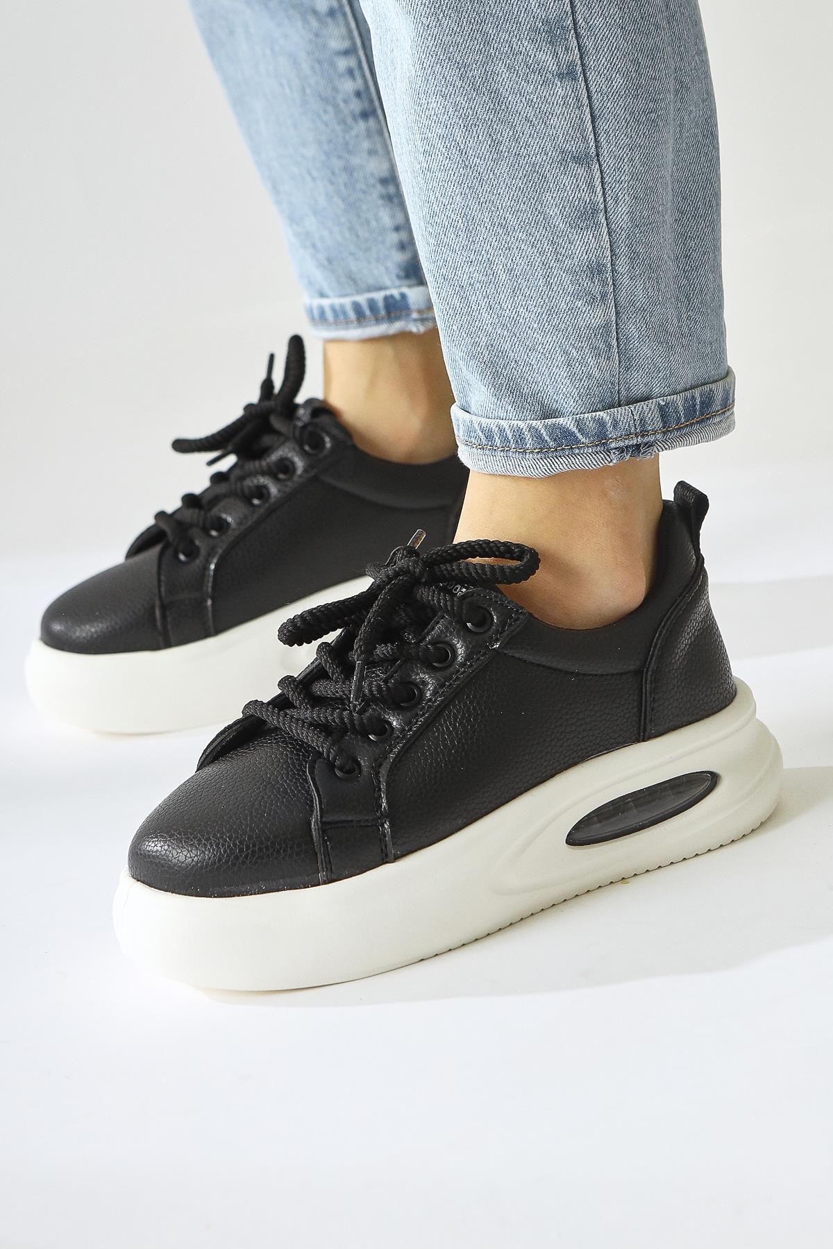Loura Black Leather Patterned Sneakers with Cool Sole