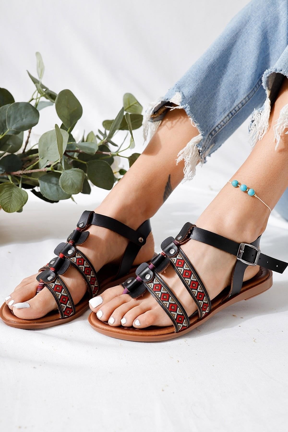 Gabrielle Black Toe-Post Adjustable Ethnic Patterned Flat Sandals in Genuine Leather