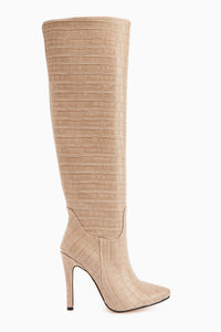 Nenya Beige Crocodile Patterned Pointed Toe Slim Heeled Knee High Boots