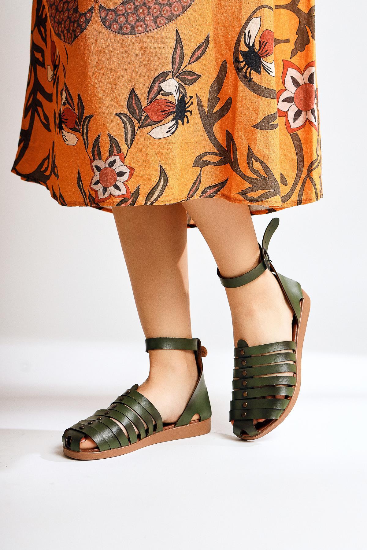 Helen Genuine Leather Khaki Toe-Covering Bodrum Sandals