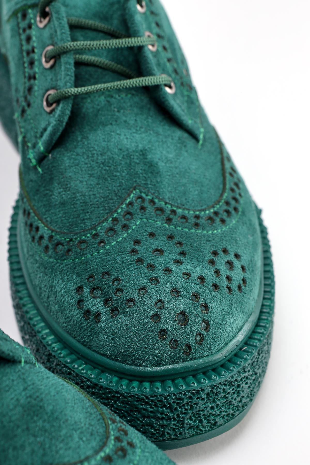 Rossy Green Suede Casual Shoes with Oval Toe and Laser Cut Detail