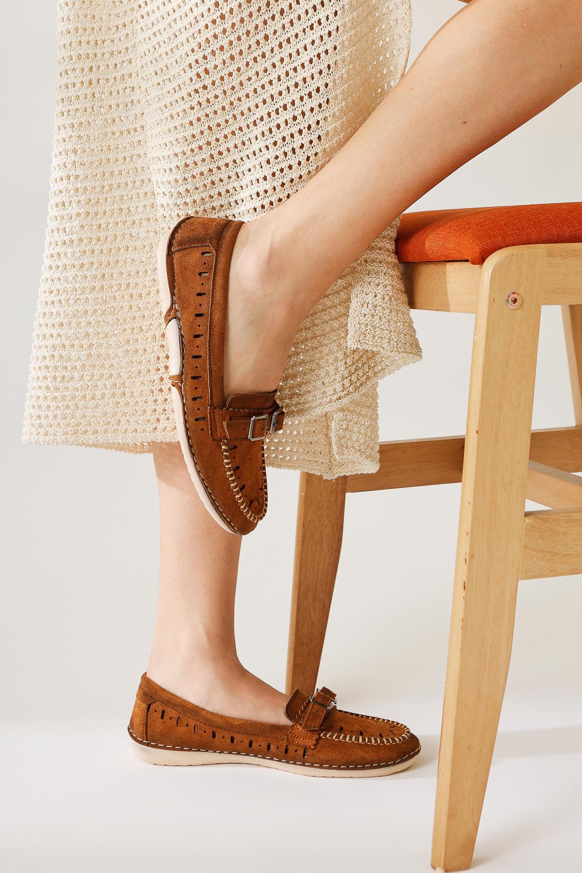Vidya – Cognac Suede Laser-Cut Double-Buckle-Detail Heeled Ballet Flat (Women)