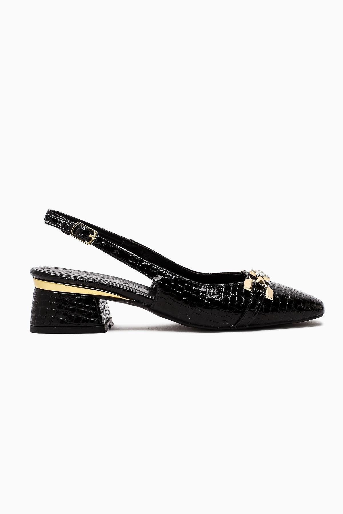 Tai Black Crocodile Stone Detailed Women’s Heeled Shoes