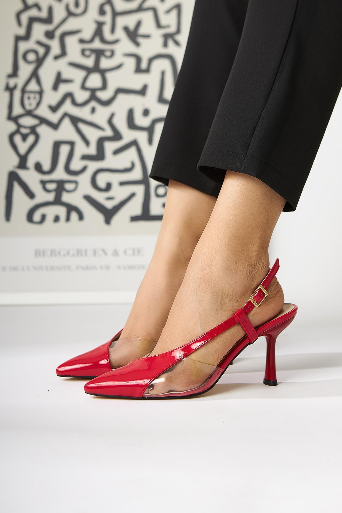Aliah Red Patent Leather Pointed Toe Pumps with Transparent Detail