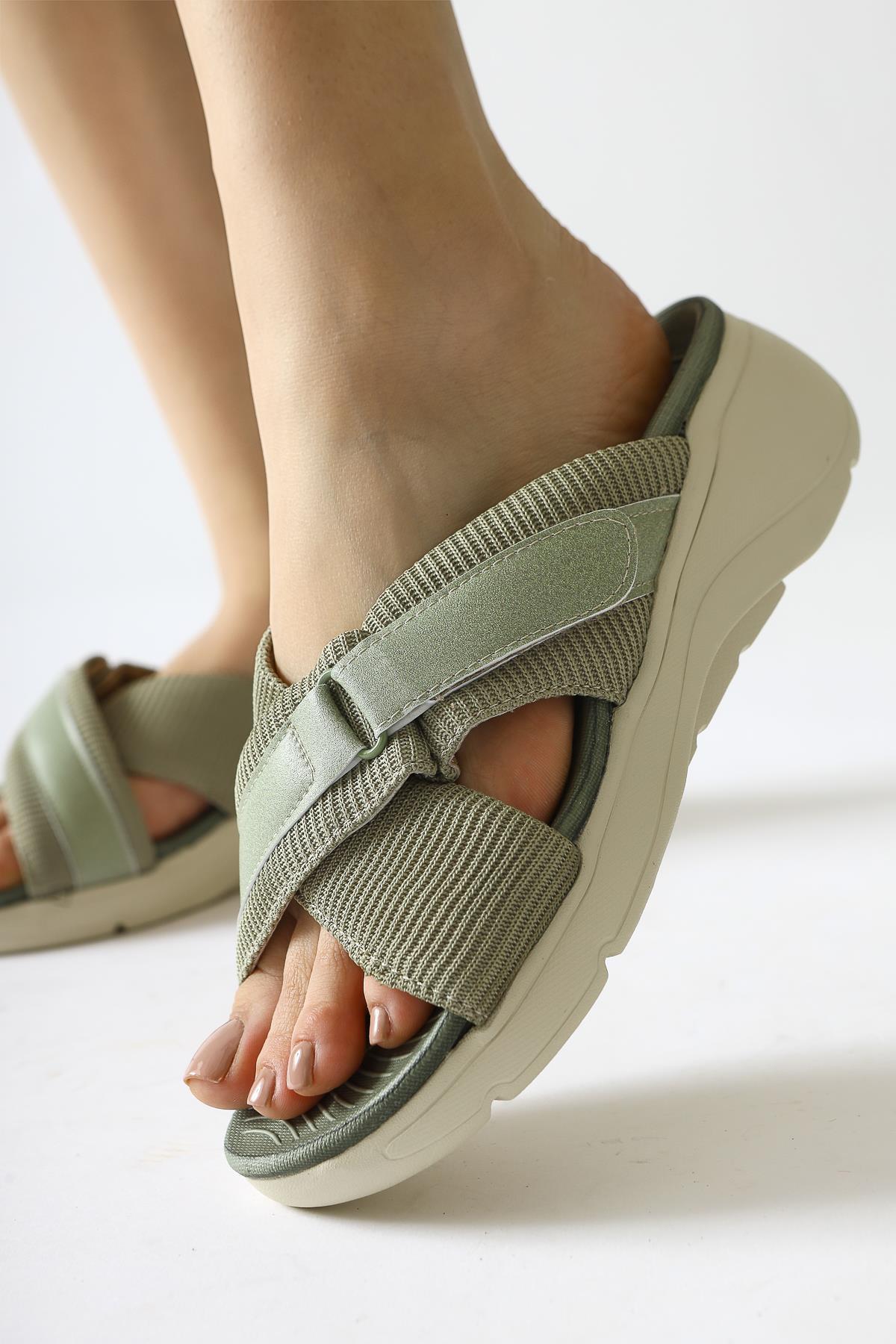 Jola Green Cross Textile Strap Comfort Sole Slippers