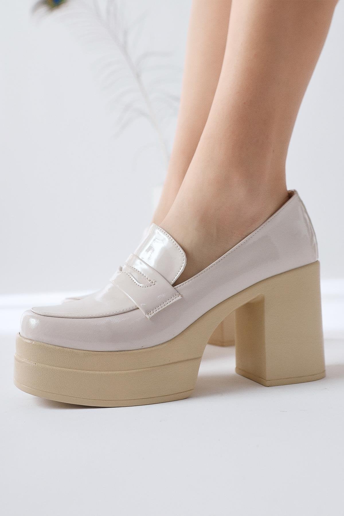 Candace Beige Patent Leather Platform Heeled Shoe
