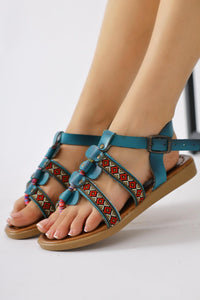 Heam Turquoise Ethnic Patterned Genuine Leather Sandals