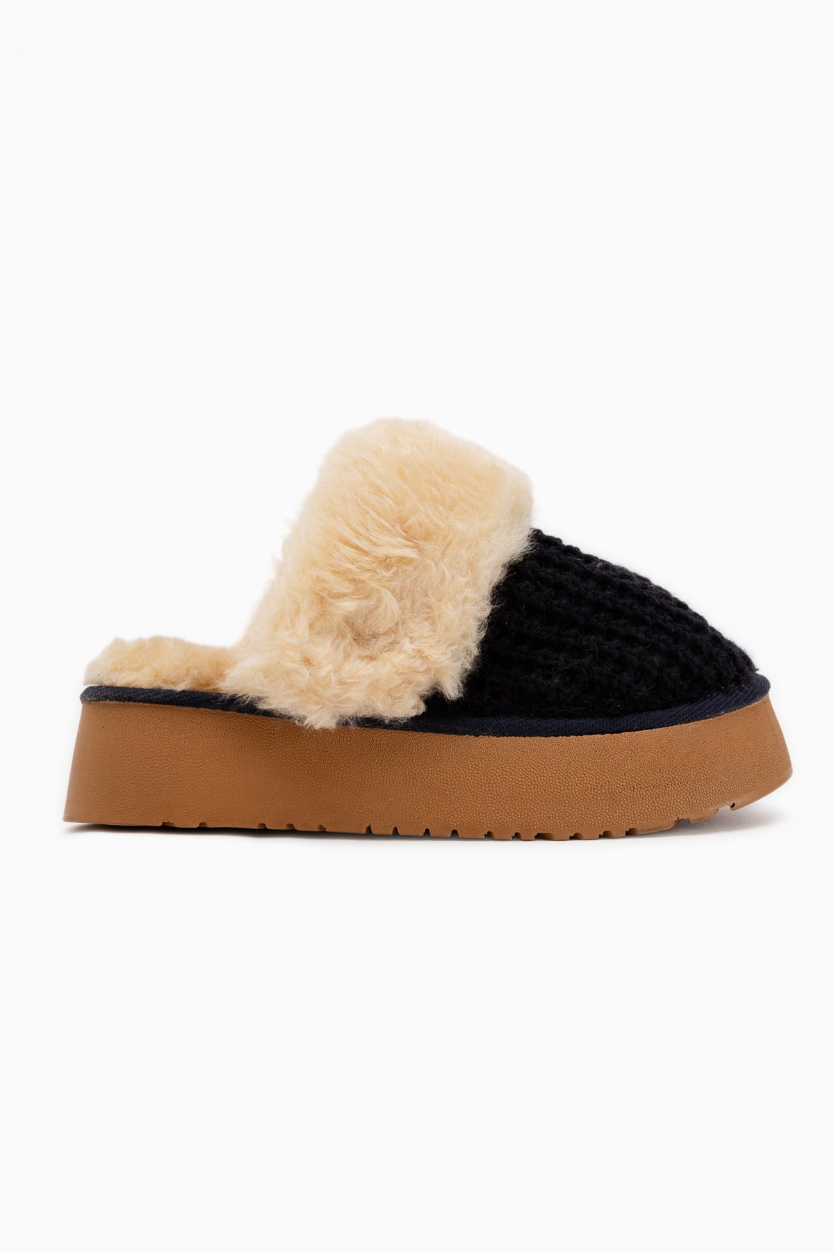 Mariza Navy Plush Knit Fur Lined Thick Sole Women’s Slippers