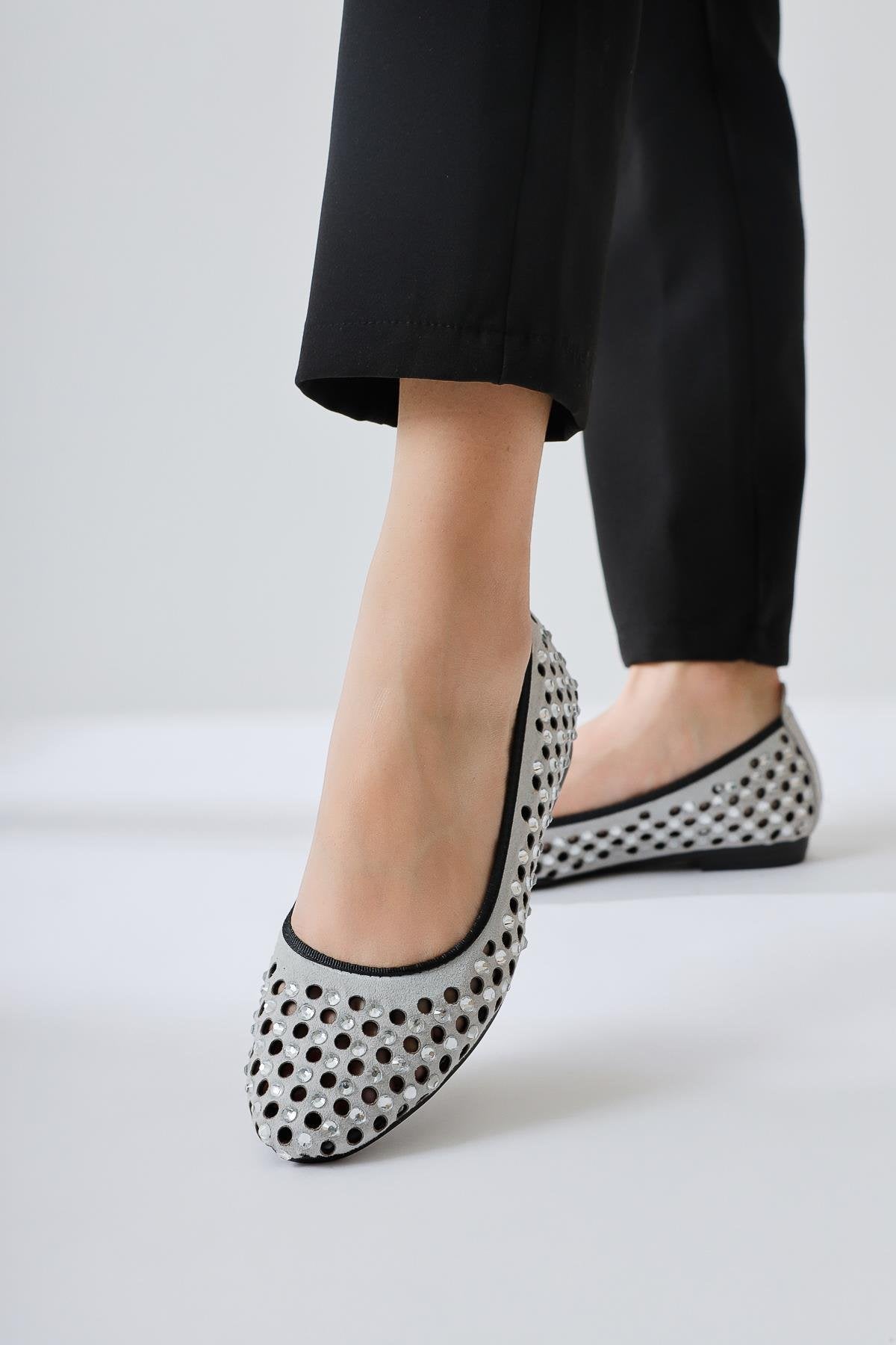 Milinda – Gray Suede Laser-Cut Stone-Embellished Ballet Flat (Women)