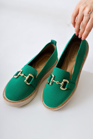 Thien – Green Perforated Textile Buckle-Detail Stone-Detail Casual Shoe (Women)