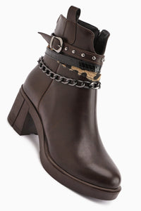 Anissa – Brown Chain-and-Belt-Detail Block Heel Boot (Women)