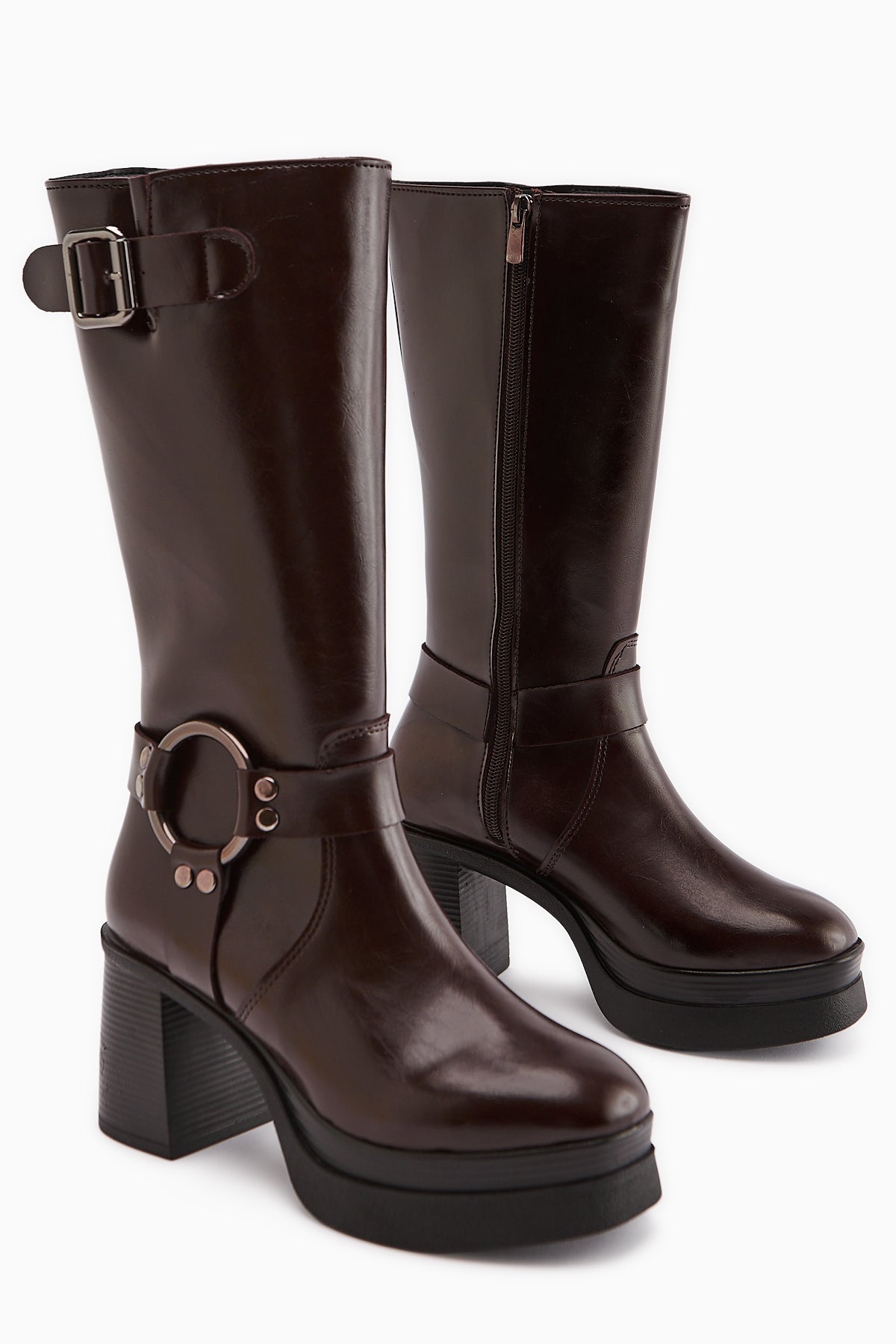 Beris – Burgundy Buckle-Detail Platform Heel Knee-High Boot (Women)