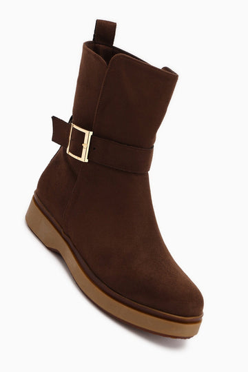 Behnoush Brown Suede Oval Toe Buckle Detail Boot