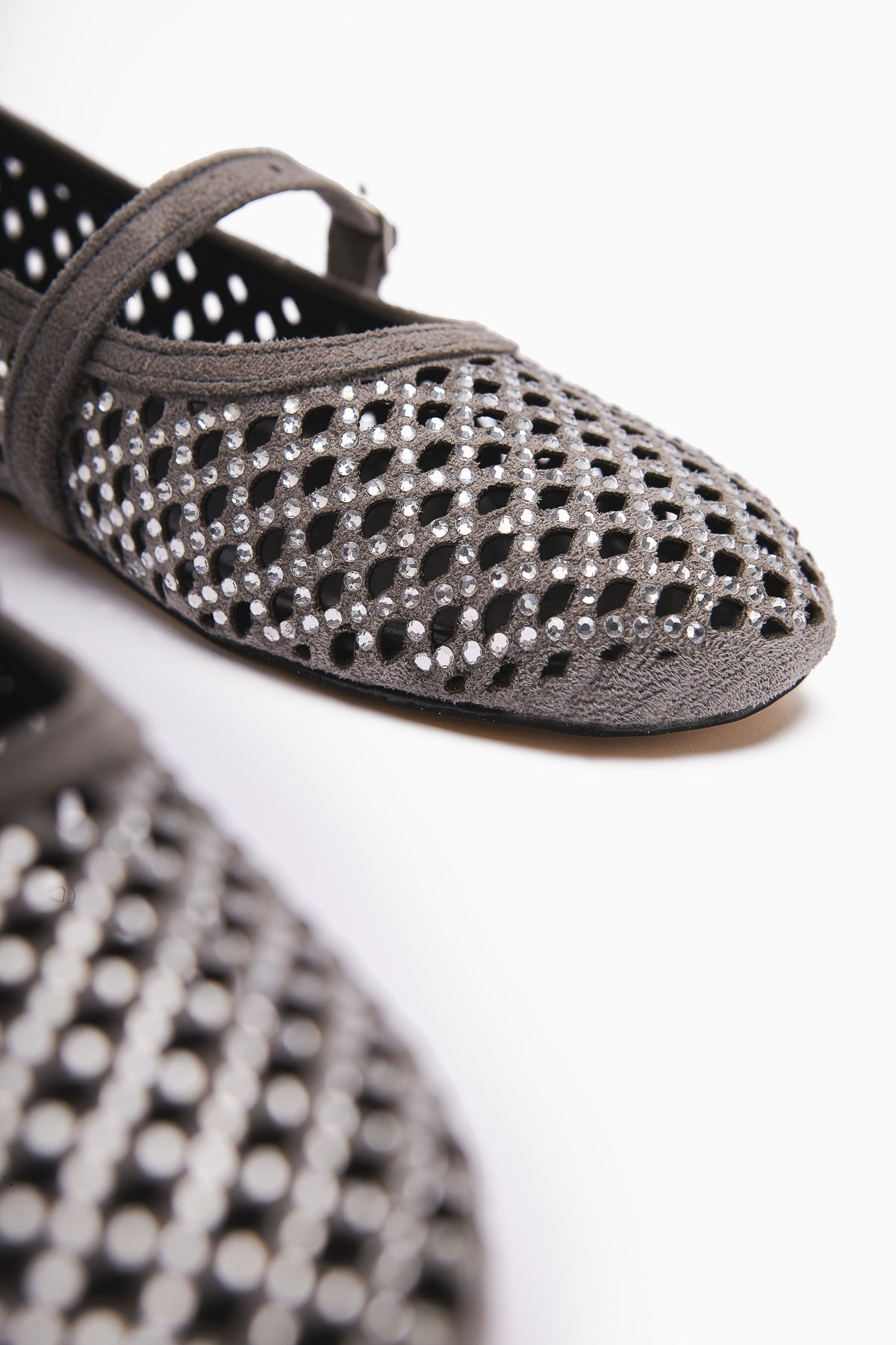 Nicole Gray Suede Oval Toe Perforated Stone Detailed Single Strap Casual Women's Shoes