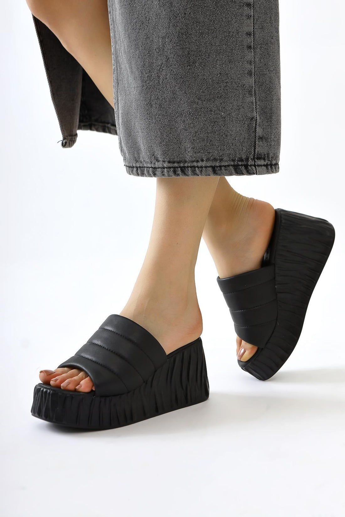 Zoje Black Crinkled Embossed Platform Slippers