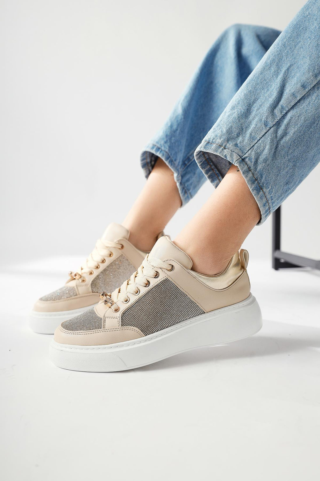 Sonnie Cream Thick Sole Stone Detailed Women’s Sneakers