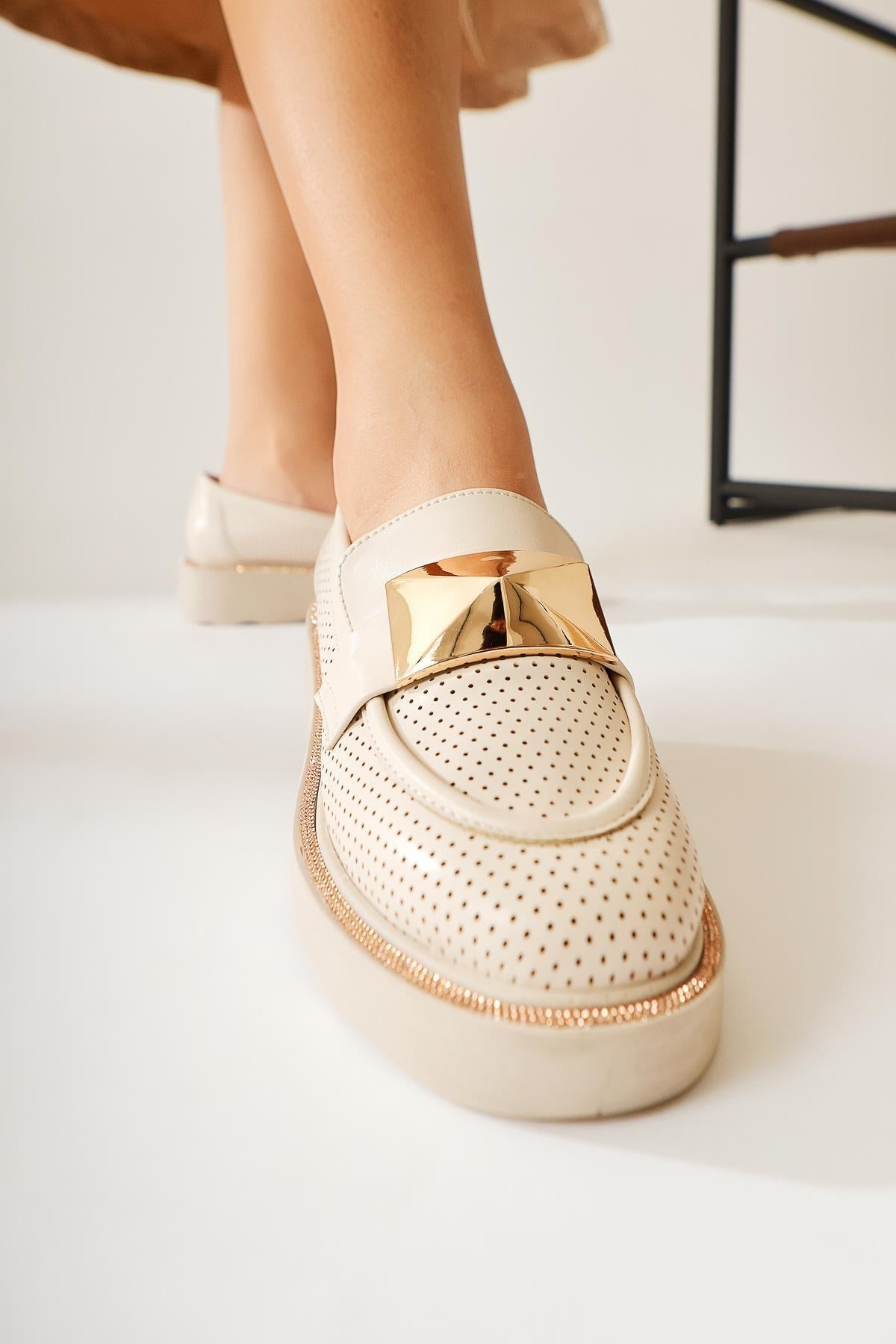 Khloe – Beige Buckle-Detail Perforated Loafer (Women)
