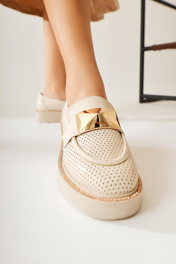 Khloe – Beige Buckle-Detail Perforated Loafer (Women)