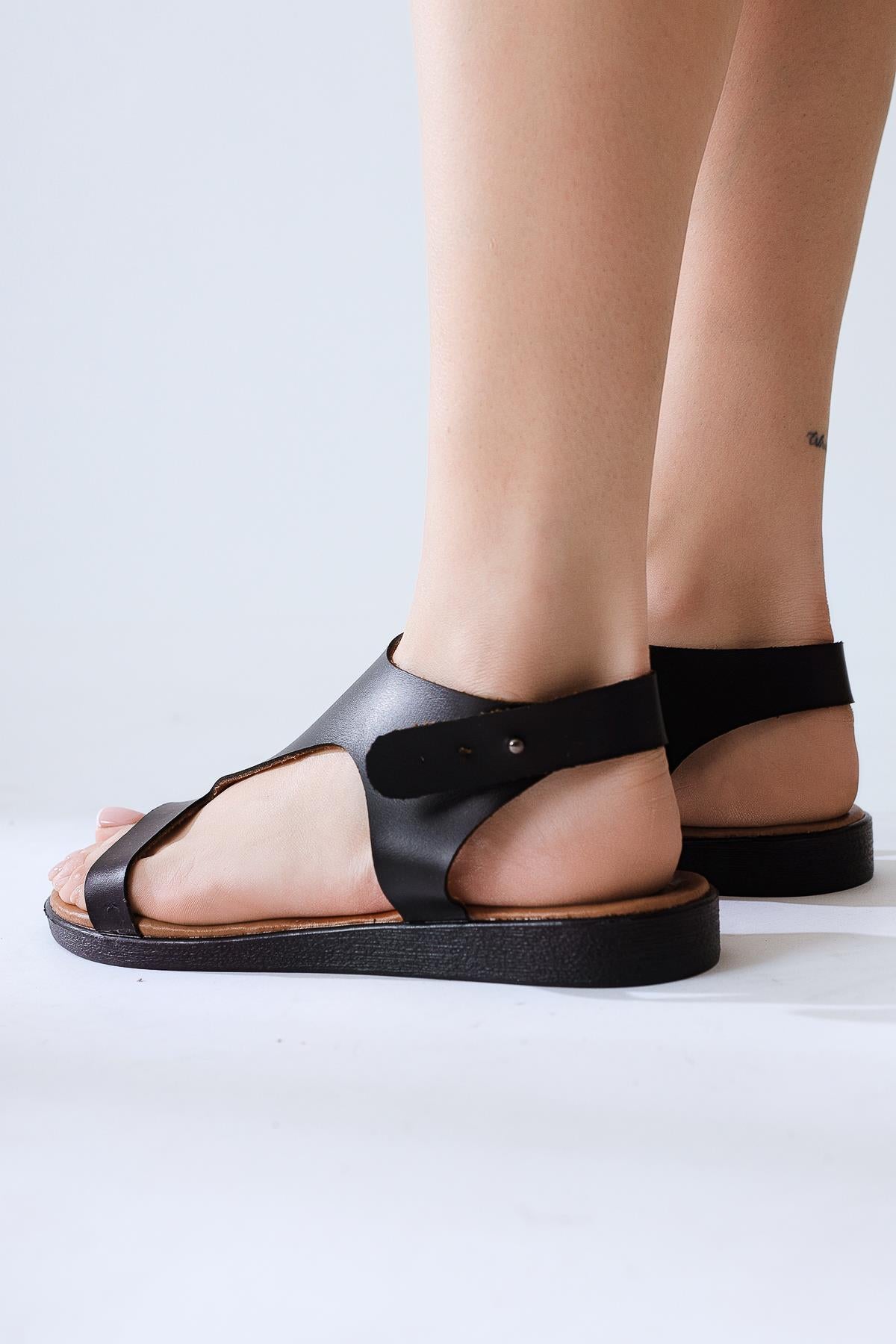 Coral Genuine Leather Black Asymmetric Cut Thong Sandal