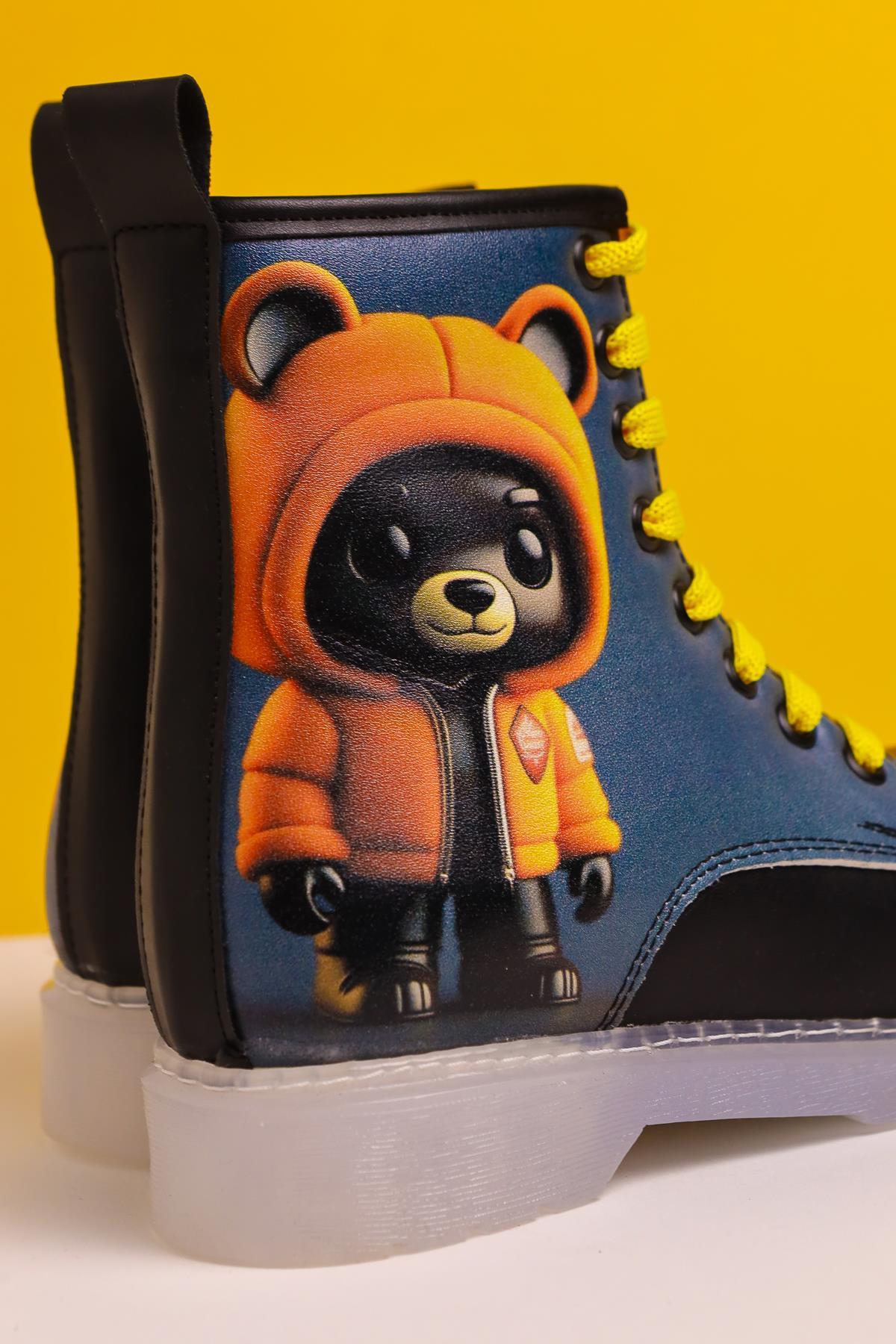 Doreen Black Striped Character Print Lace-Up Kids' Boots