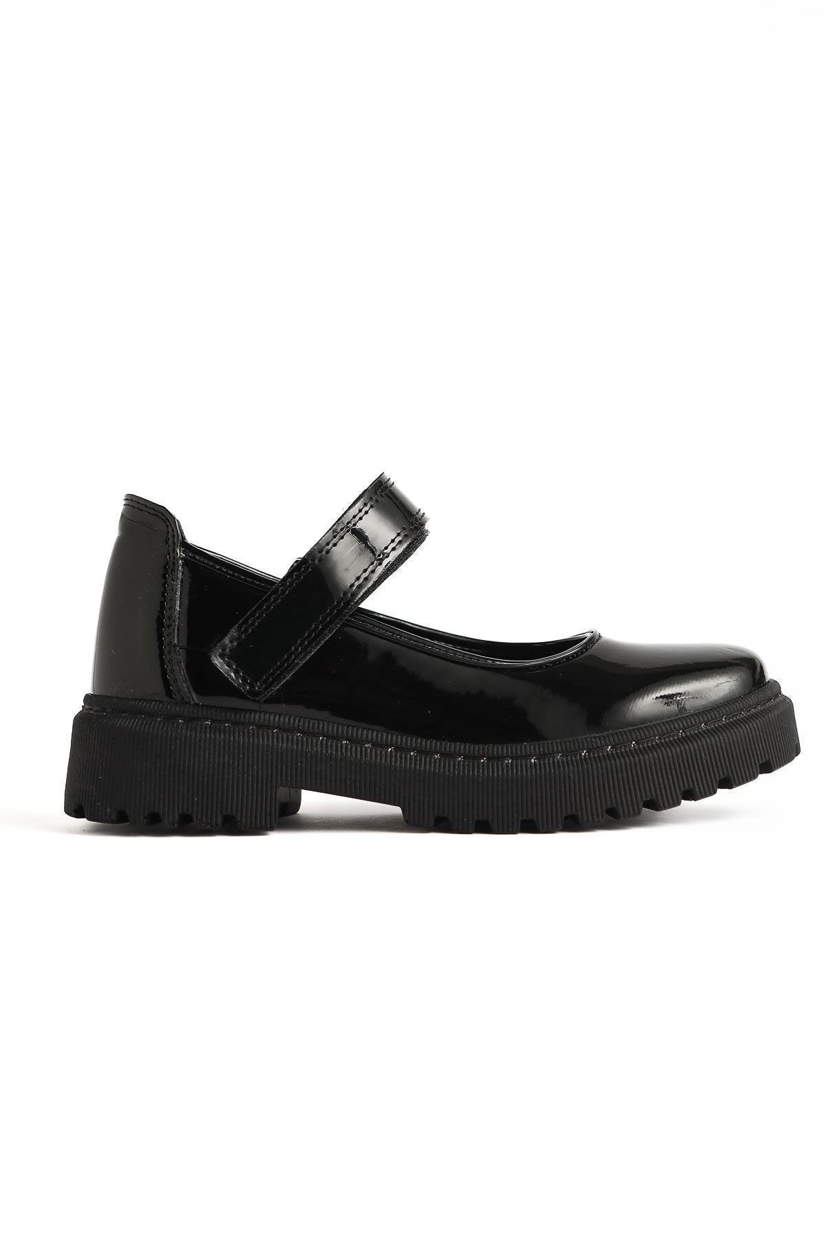 Fiona – Black Patent Hook-and-Loop Detail Casual Kids Shoe (Kids)