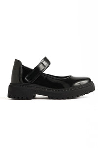 Fiona – Black Patent Hook-and-Loop Detail Casual Kids Shoe (Kids)