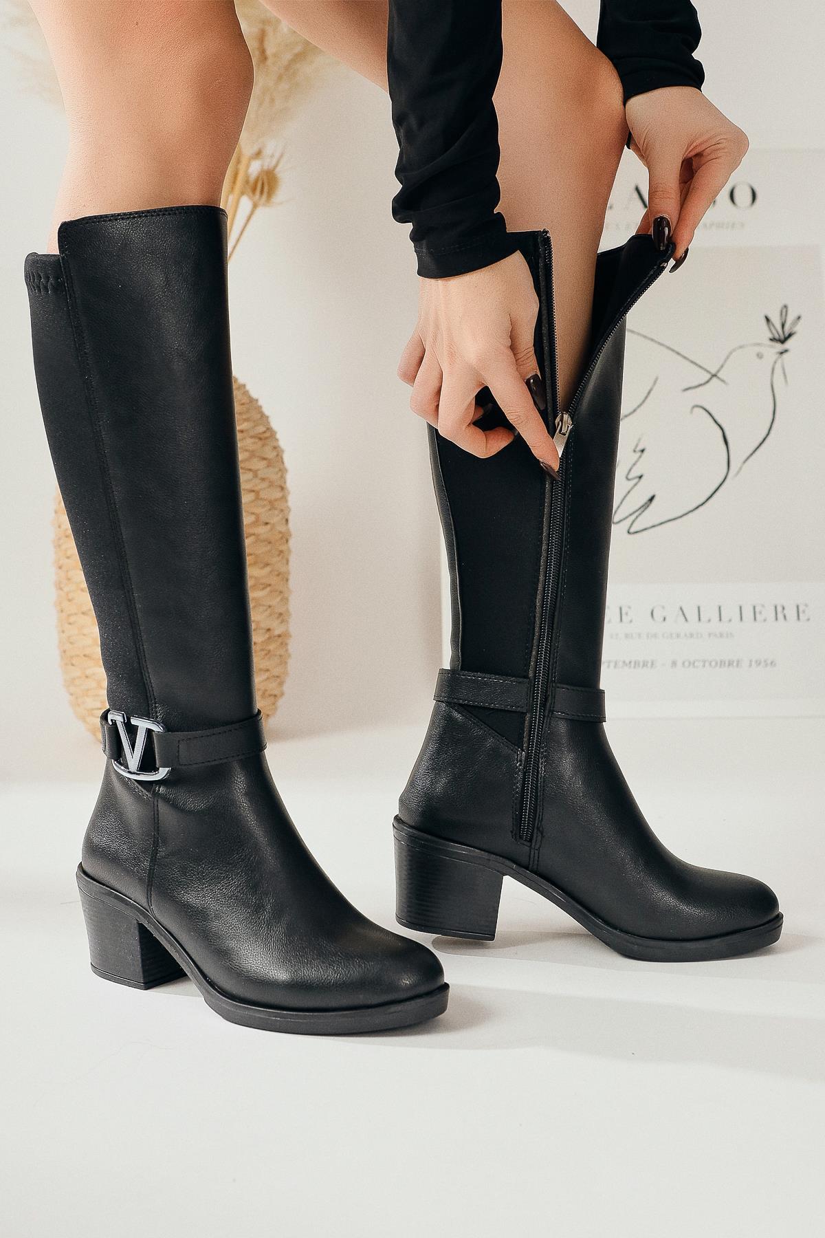 Sayna – Black Scuba-Fabric-Detail Flexible-Shaft Knee-High Boot (Women)