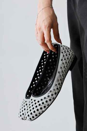Milinda – Gray Suede Laser-Cut Stone-Embellished Ballet Flat (Women)