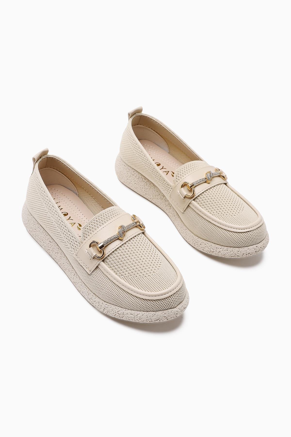 Alea Nude Woven Rhinestone Buckle Detail Casual Shoes
