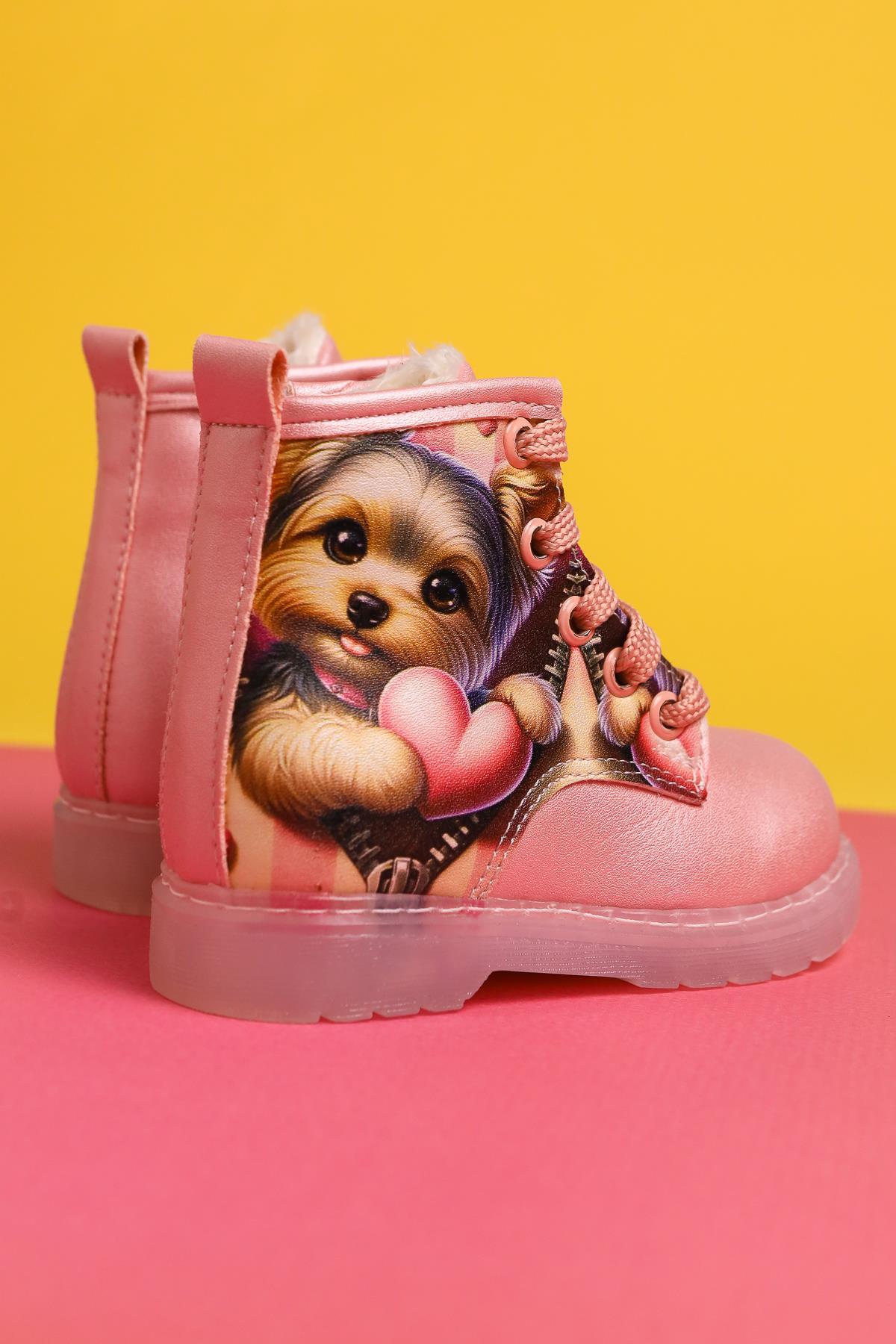 Jannice Pink Cartoon Character Print Light-Up Lace-Up Baby Boots