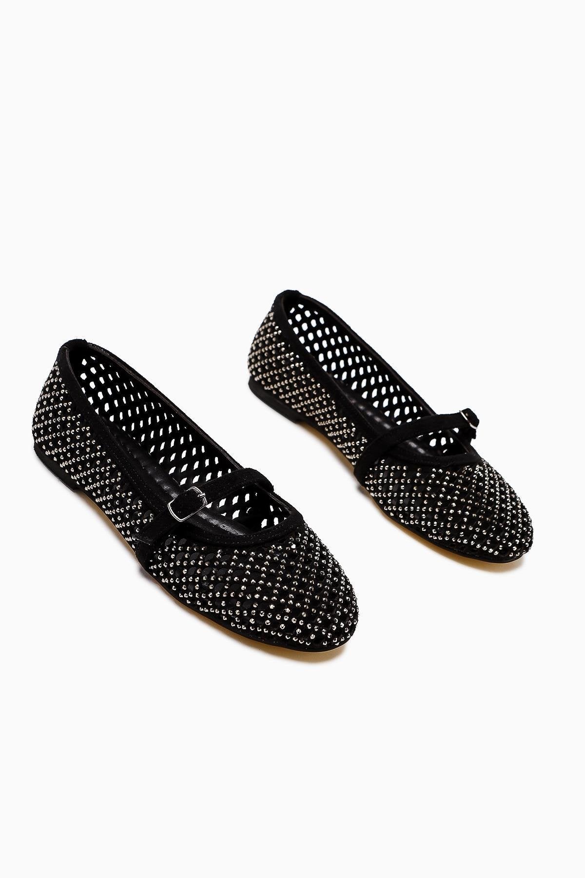 Nicole – Black Suede Oval-Toe Perforated Stone-Detail Single-Band Shoe (Women)