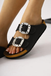 Brisa Black Double Strap Embellished Buckle Detail Slides