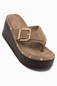 Arla Beige Suede Buckle Detailed Women’s Wedge Sandal