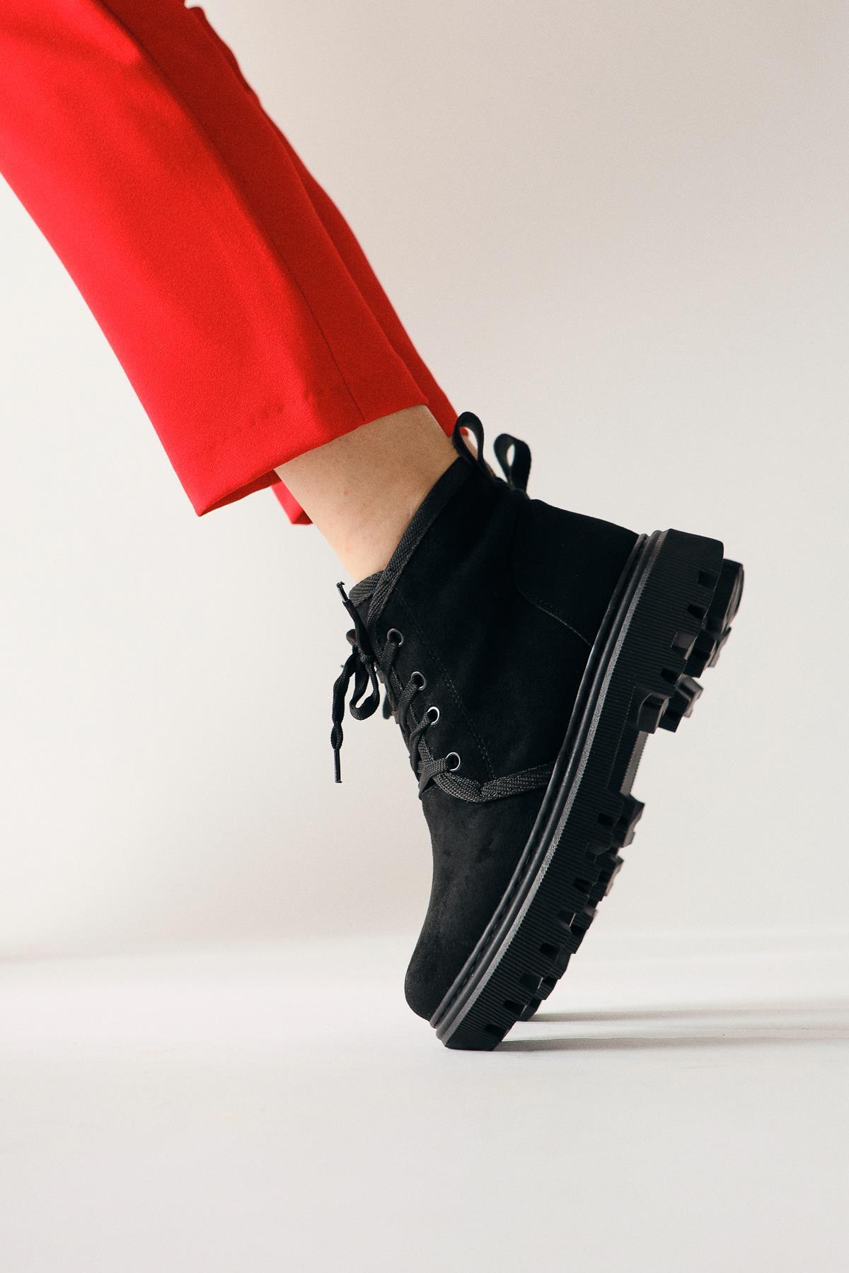 Venetia – Black Suede Oval-Toe Lace-Up Boot