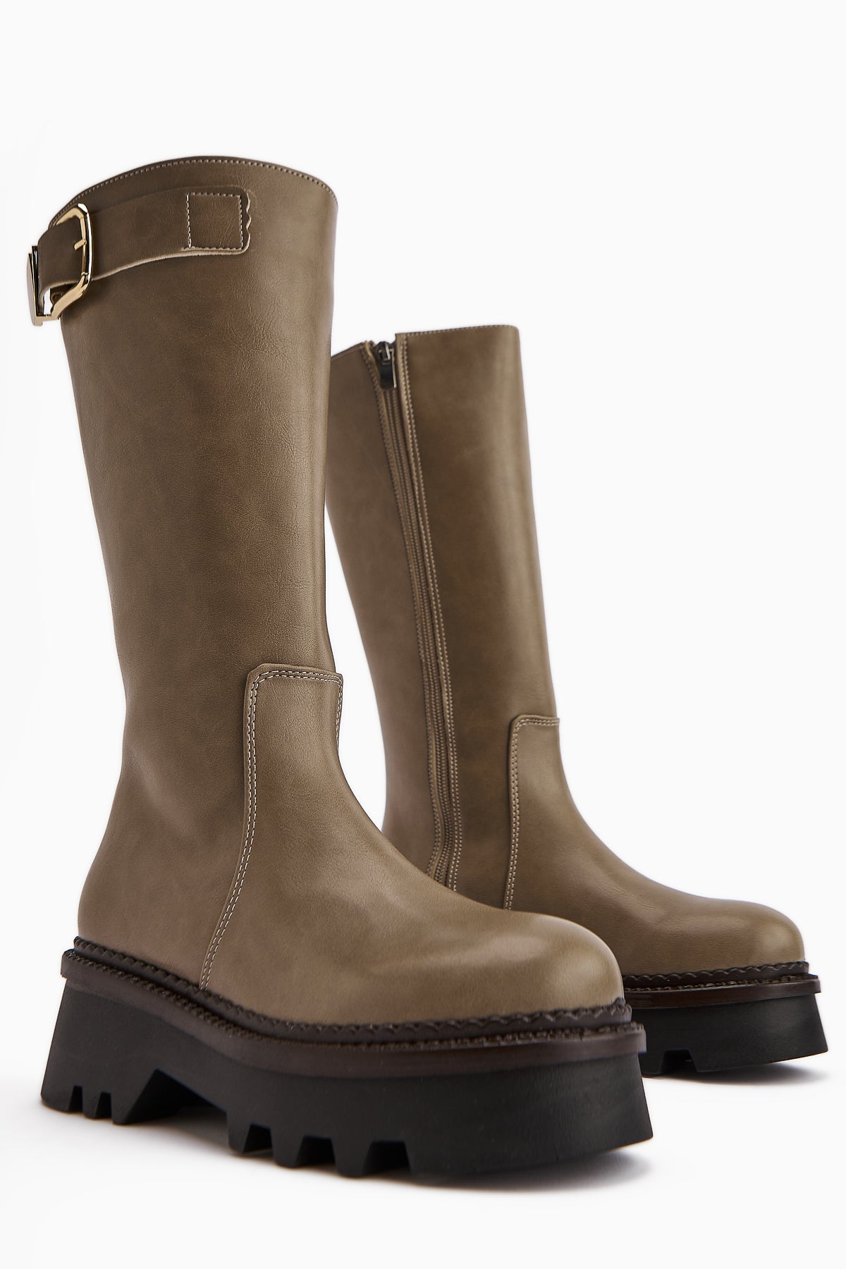 Hely – Taupe Buckle-Detail Platform Knee-High Boot (Women)