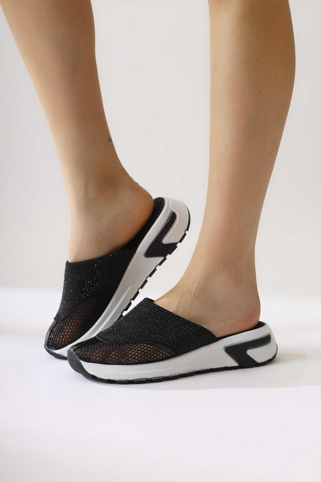 Suma Black Mesh Detailed Embellished Slides