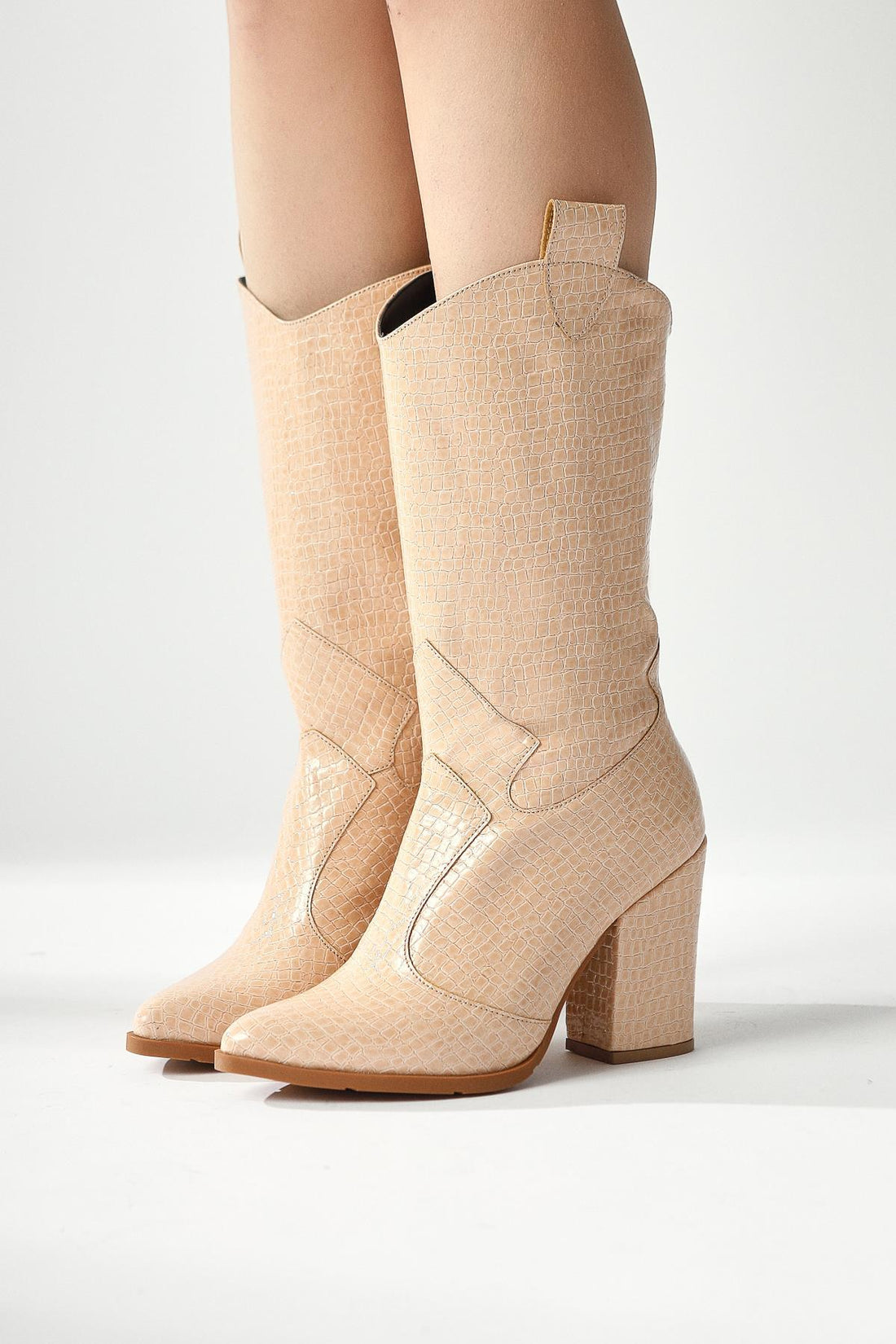 Keri – Beige Croc-Embossed Asymmetric-Cut Heeled Knee-High Boot (Women)