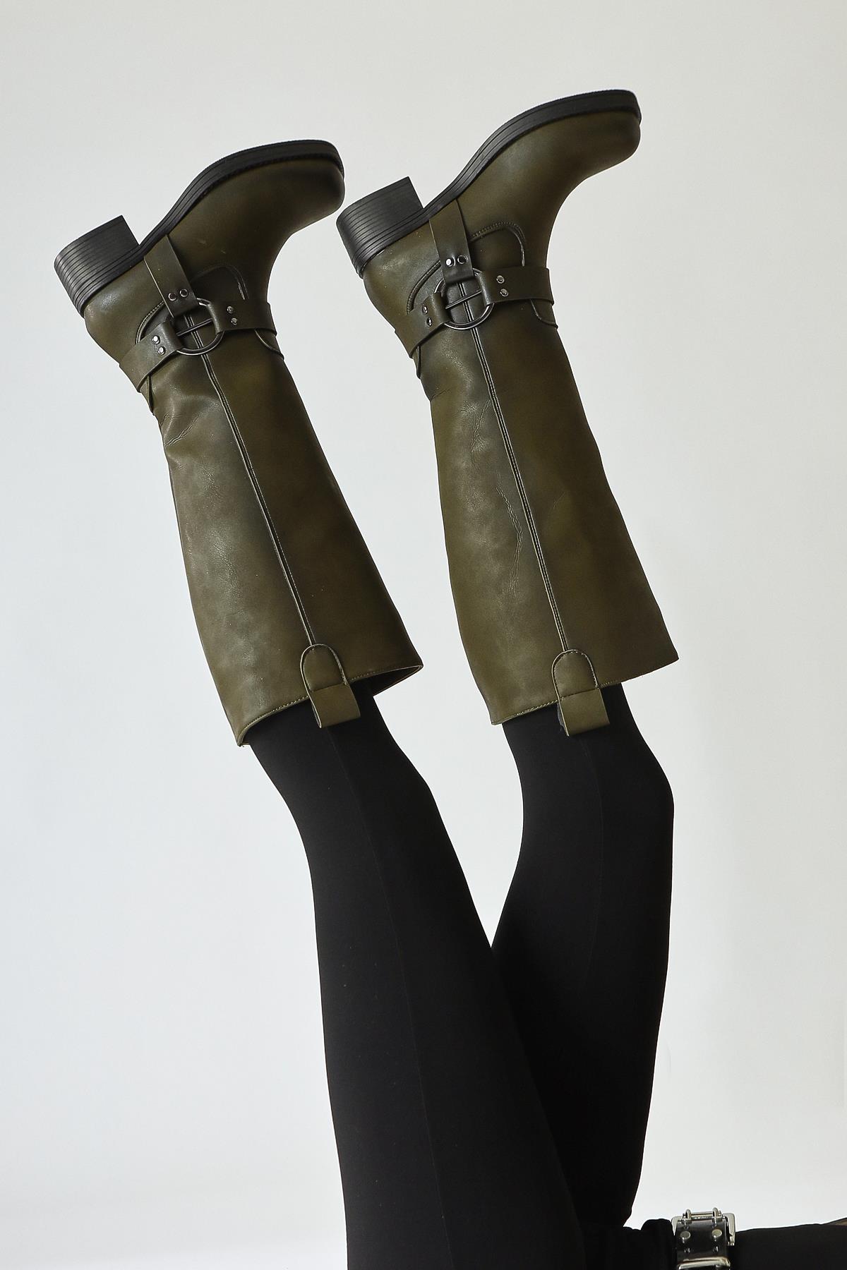 Soleil – Olive Belt-Detail Pull-On Knee-High Boot (Women)