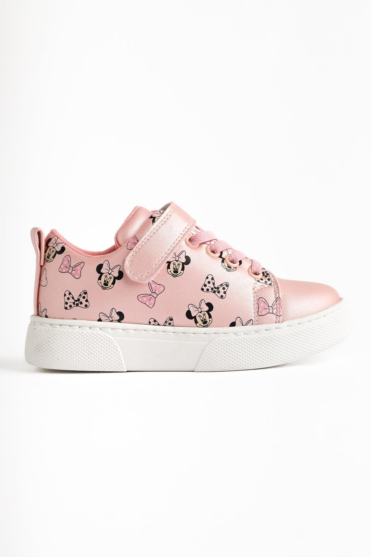 Kerry Pink Cartoon Character Print Lace-Up Sneakers with Velcro Detail for Kids