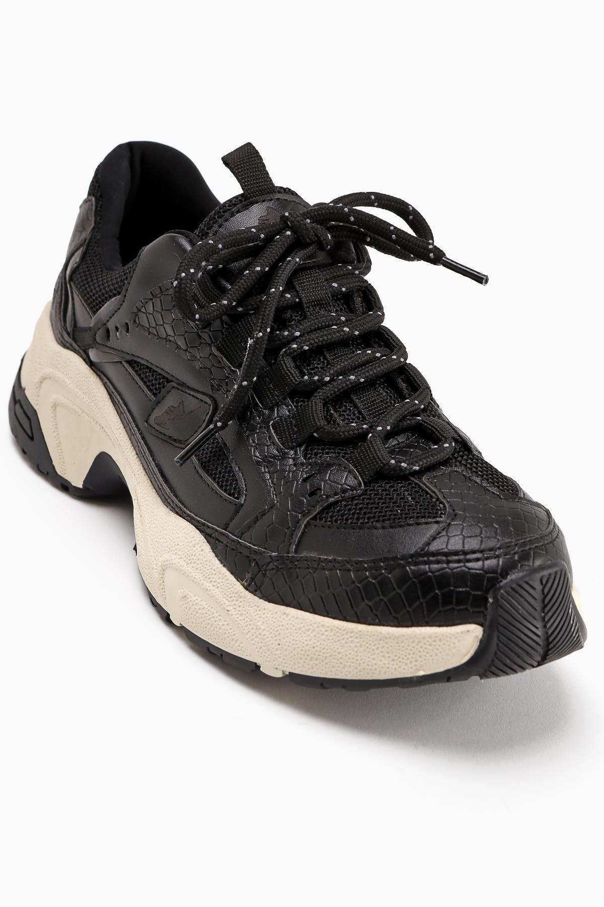 Caisa Black Textile Detailed Lace-up Women's Sneakers