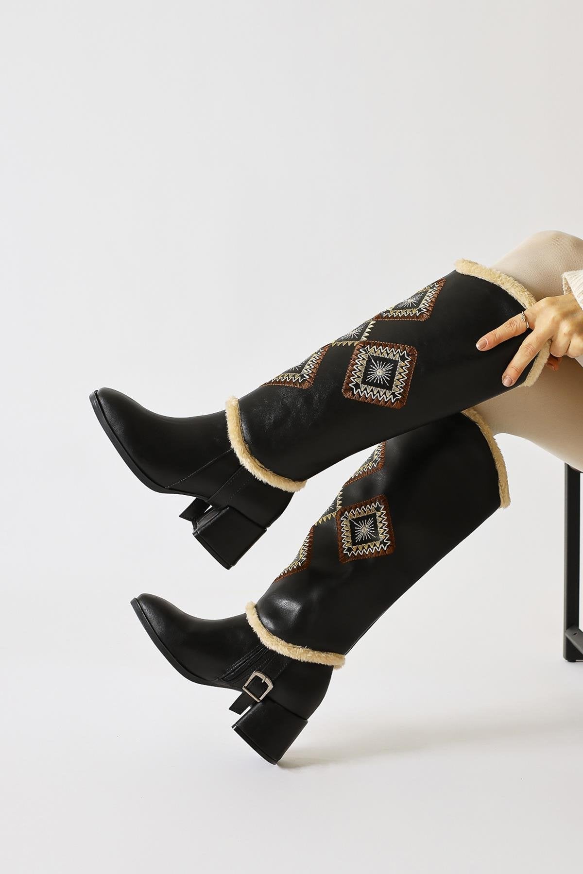 Hilka Black Removable Shaft with Ethnic Pattern Boots