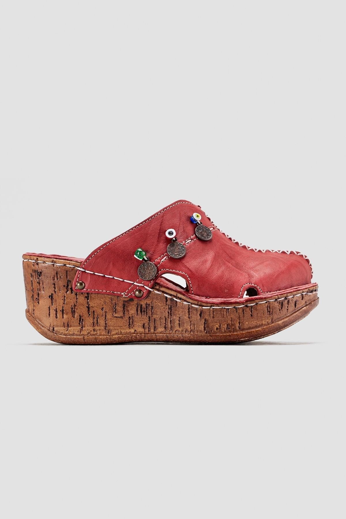 Annika Genuine Leather – Burgundy Antique Detail Wedge Clog Slide (Women)