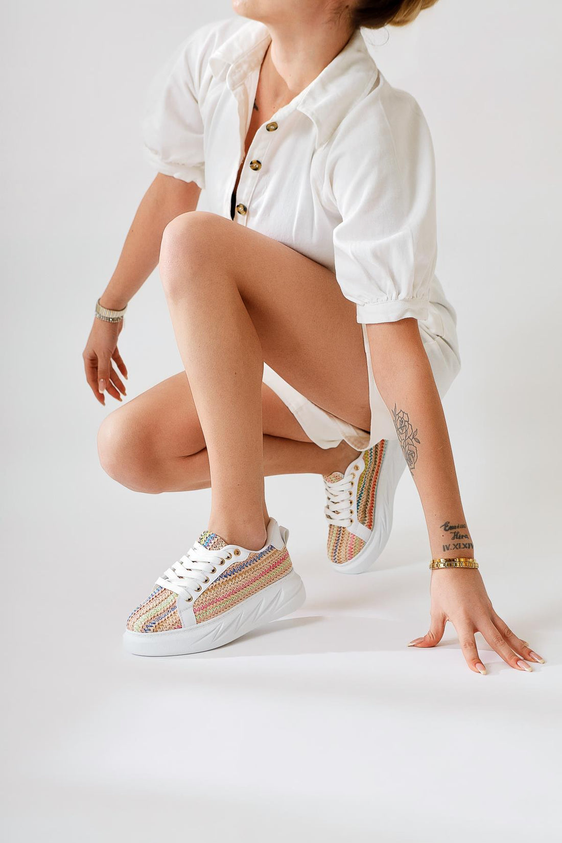 Silfa Rainbow Knit Pattern High-Top Lace-Up Sneakers